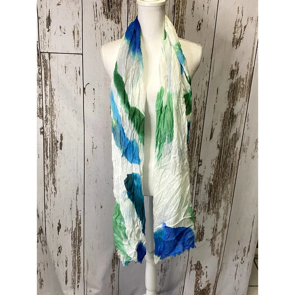 White/Blue/Teal/Green Water Color Style Scarf With Fringed Hem